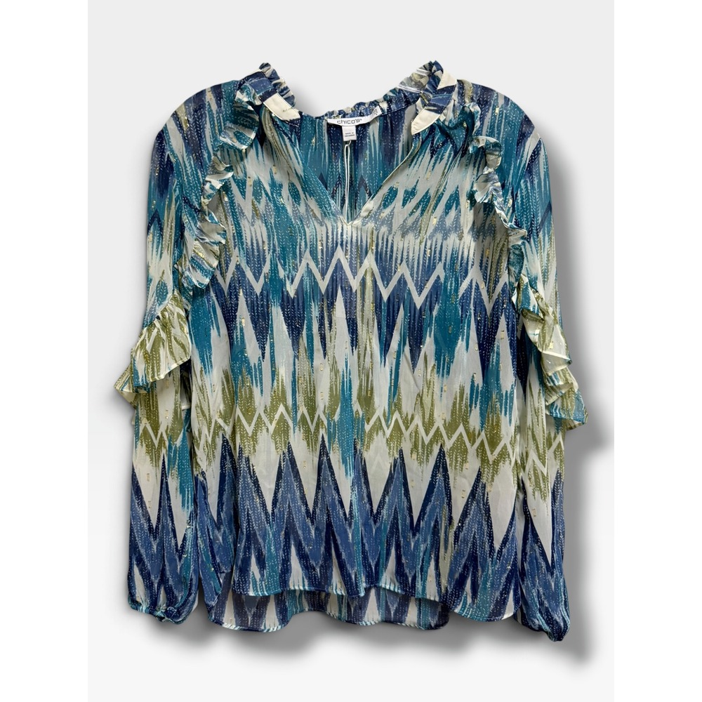 Chico's Metallic Clip Ikat Blast Ruffle Blouse Pagoda Blue 0.5 US 6 NWT